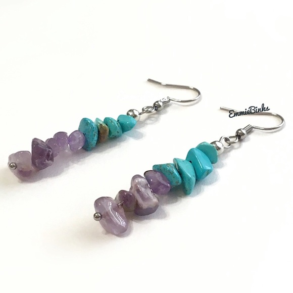 💥3for$28 New Genuine Amethyst and Turquoise Linear Drop Earrings /Gems Stones - Picture 3 of 15